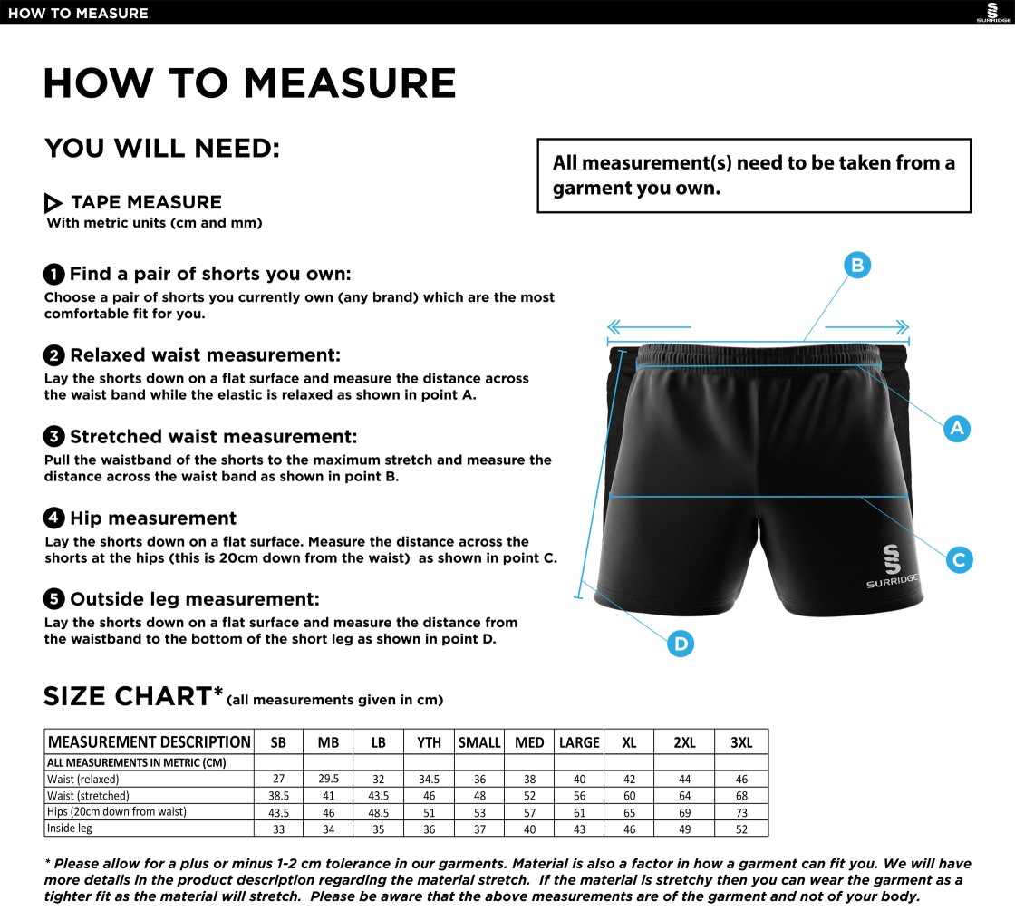 Milton CC - Performance Gym Short - Size Guide