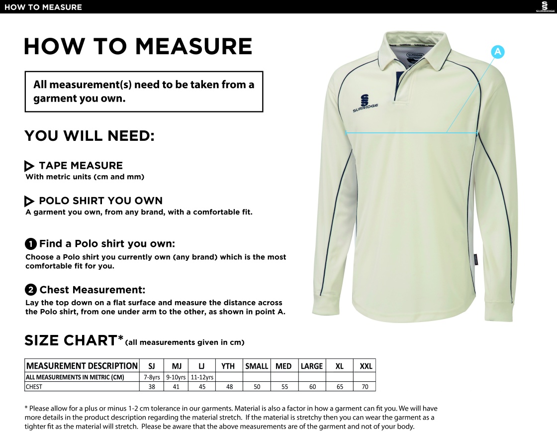 Milton CC - Premier Long Sleeve Playing Shirt - Size Guide