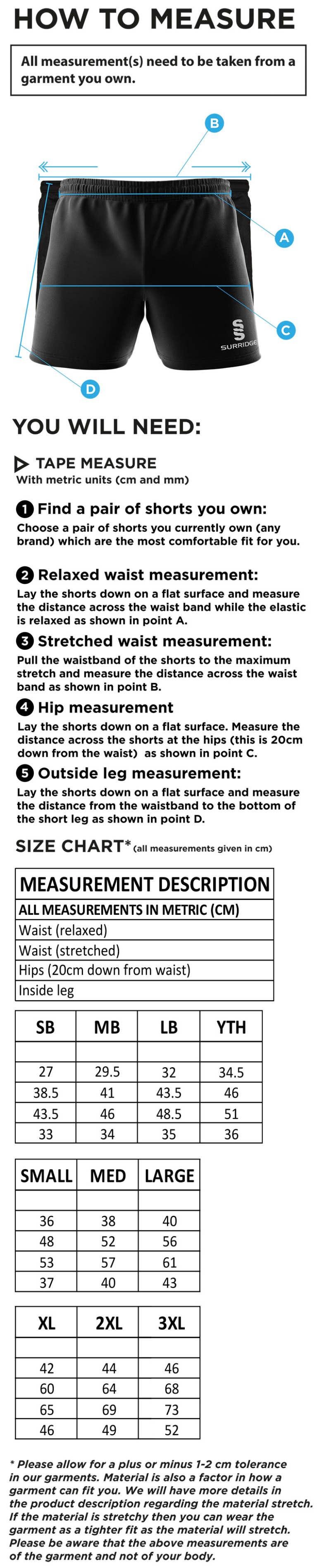 Milton CC - Performance Gym Short - Size Guide