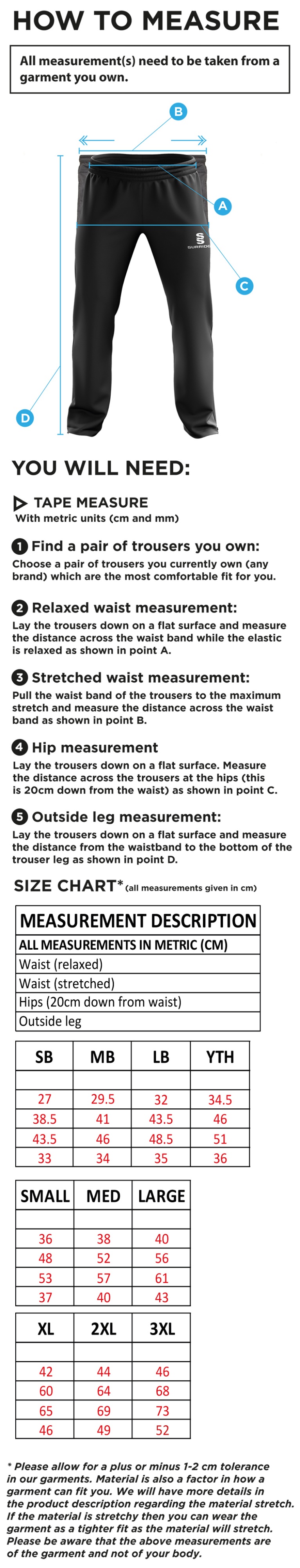 Milton CC - Ripstop Track Pant - Size Guide