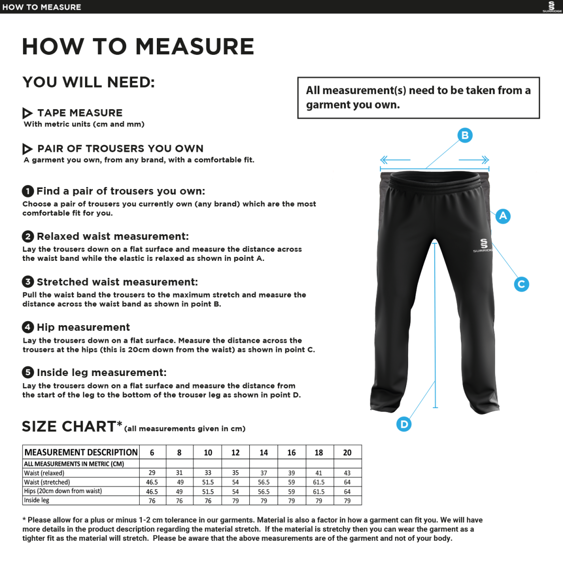 Milton CC - Women's Poplin Track Pant - Size Guide