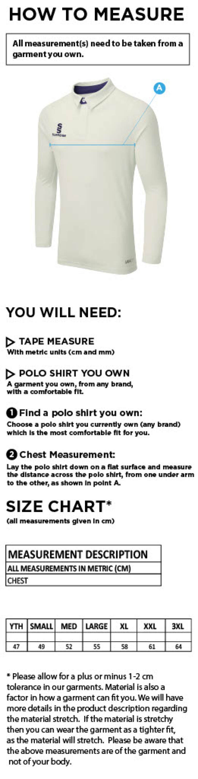 Milton CC - Ergo Long Sleeve Playing Shirt - Size Guide