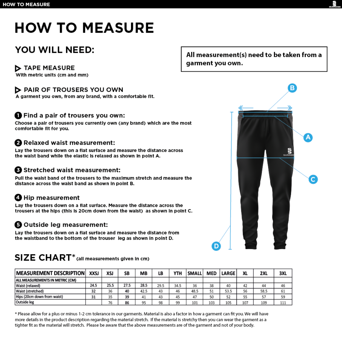 Milton CC - Slim Training Pants - Size Guide