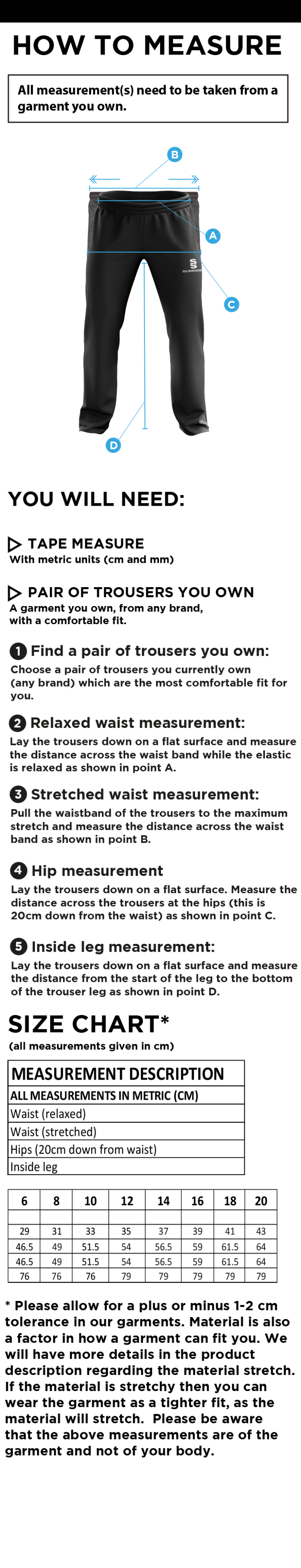 Milton CC - Women's Ripstop Track Pant - Size Guide