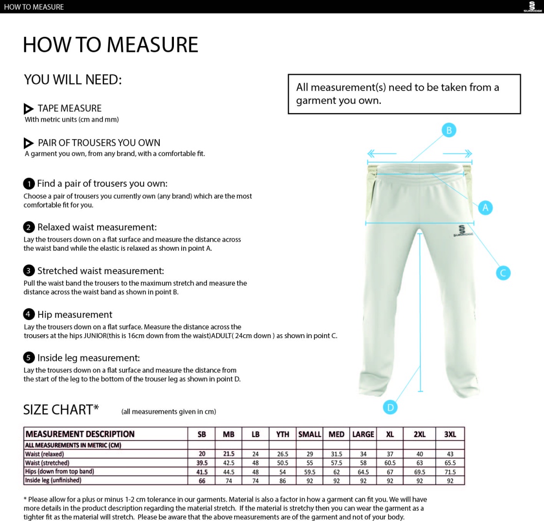 Milton CC - Standard Playing Pant - Size Guide