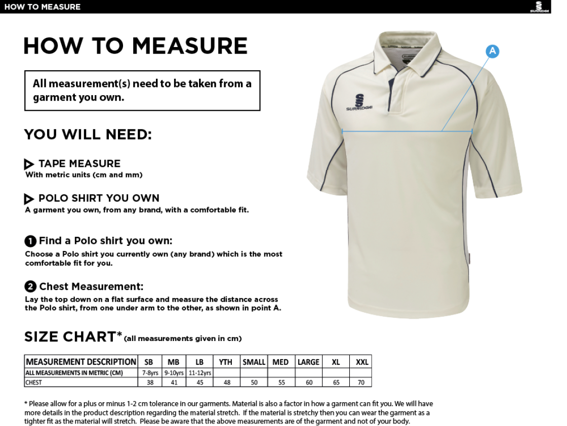 Milton CC - Premier 3/4 Sleeve Playing Shirt - Size Guide