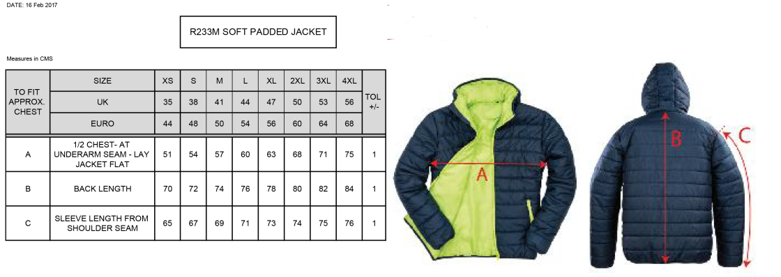 Milton CC - Supersoft Padded Jacket - Size Guide