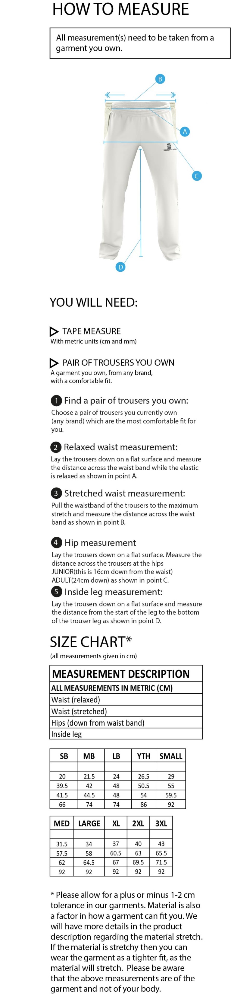 Milton CC - Standard Playing Pant - Size Guide