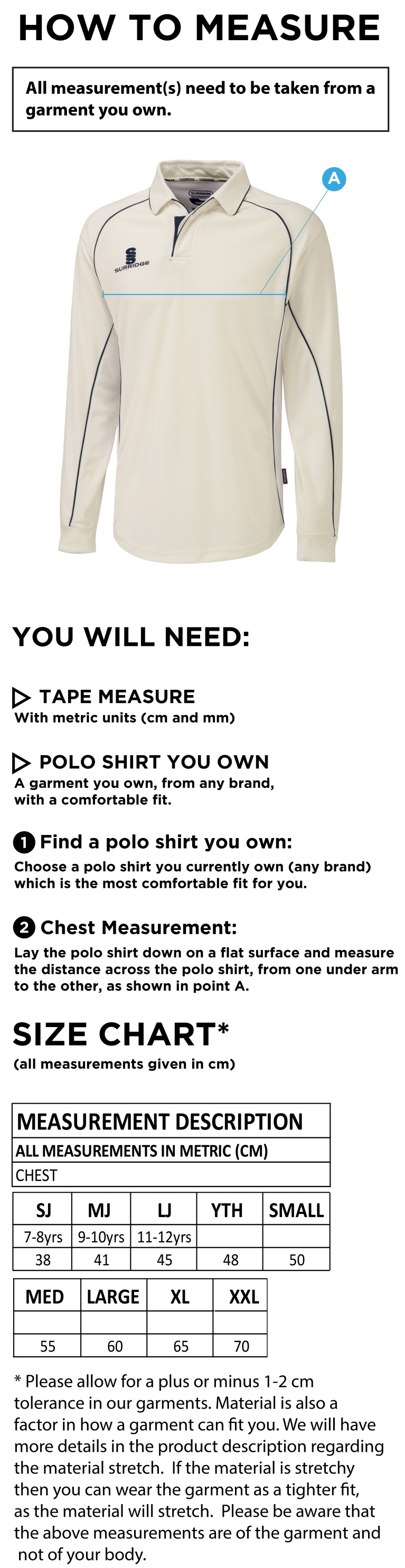Milton CC - Premier Long Sleeve Playing Shirt - Size Guide