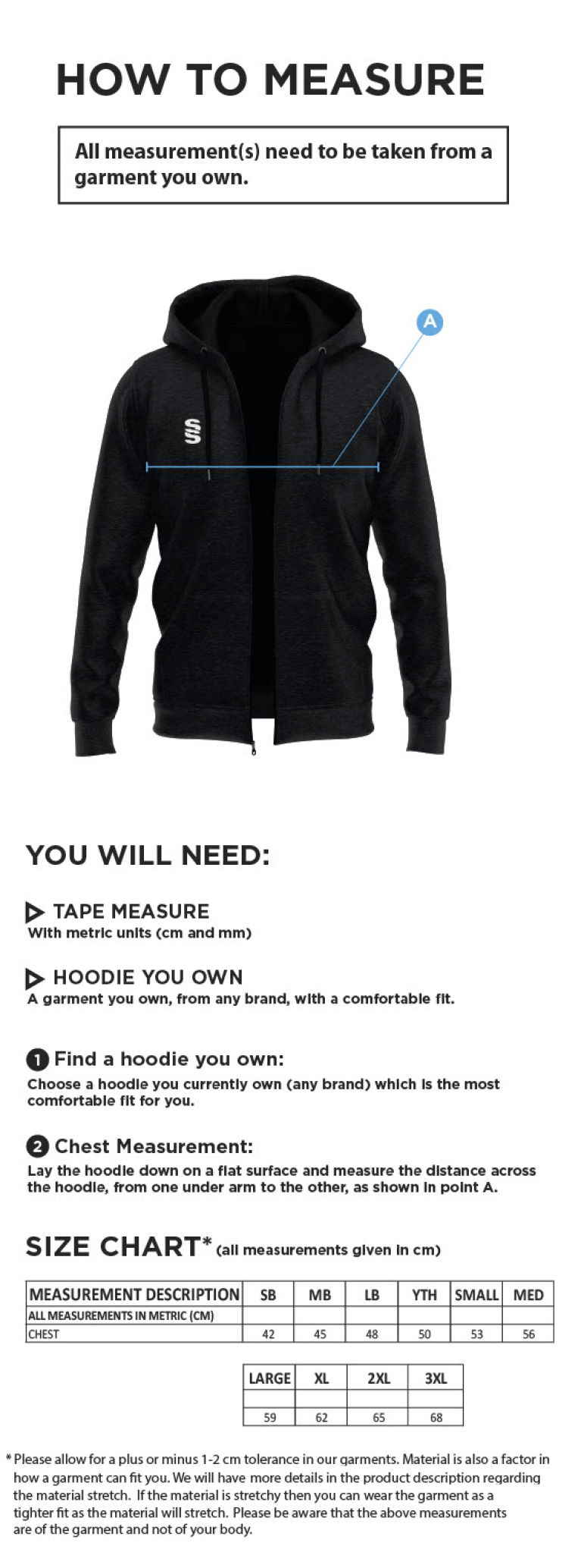Milton CC - Dual Bonded Full Zip Hoody - Size Guide