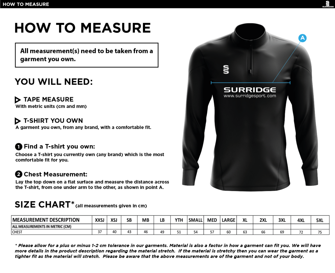 Milton CC - Dual Performance 1/4 Zip Top - Size Guide