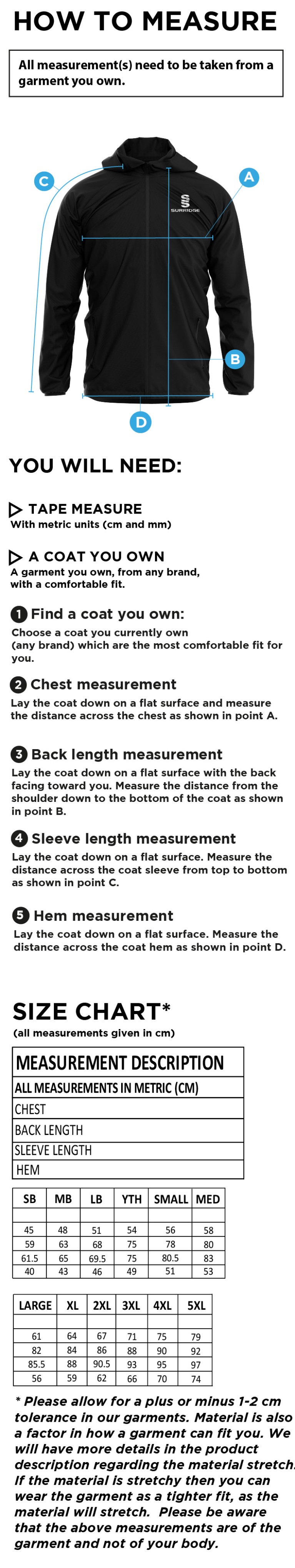 Milton CC - Lightweight Full Zip Training Jacket - Size Guide