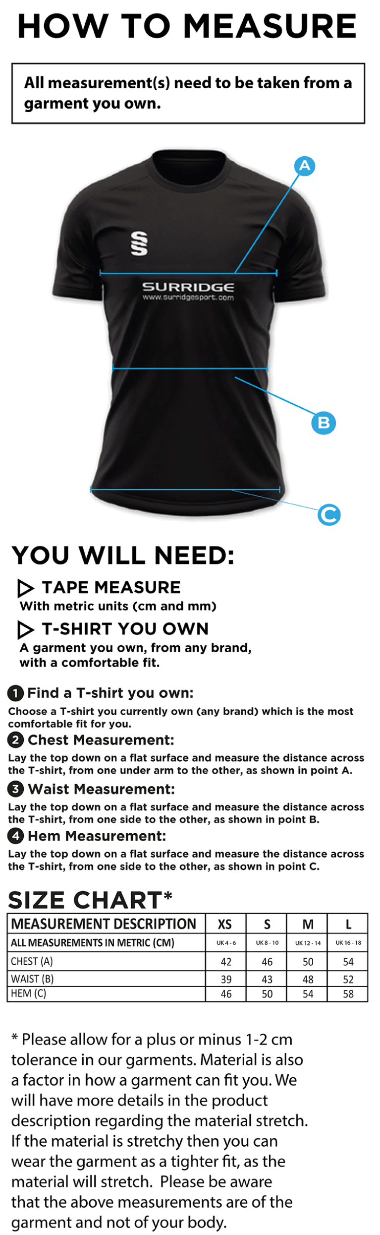 Milton CC - Women's Dual Games Training Shirt - Size Guide