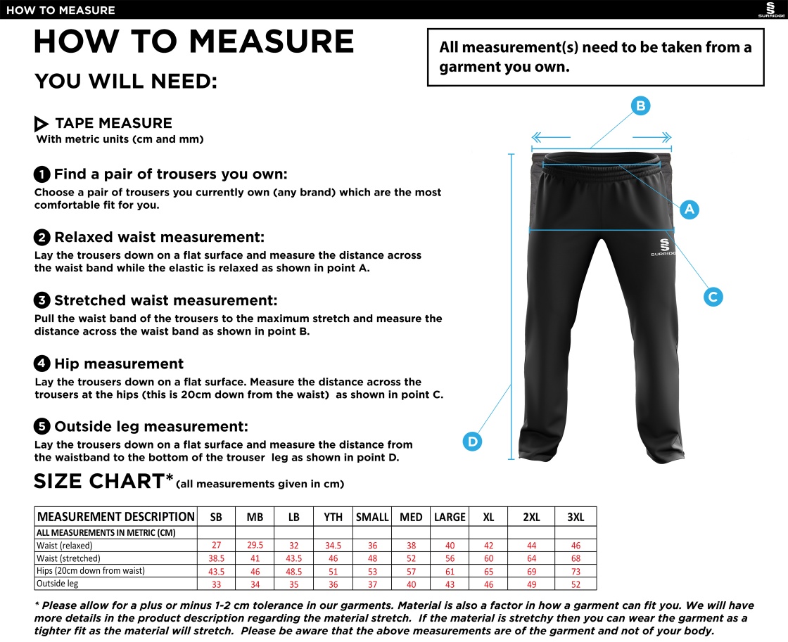 Milton CC - Ripstop Track Pant - Size Guide