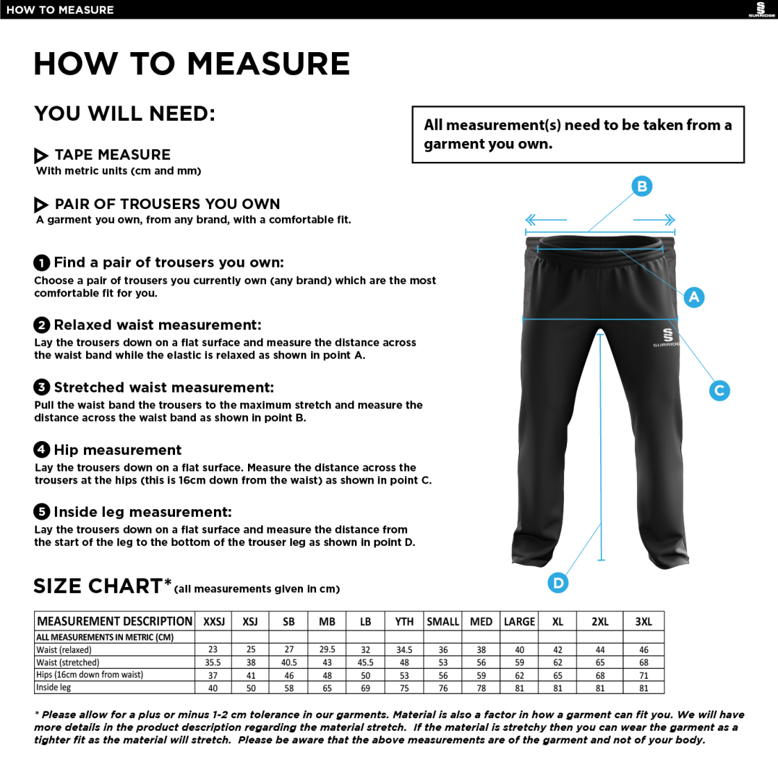 Milton CC - Poplin Track Pant - Size Guide