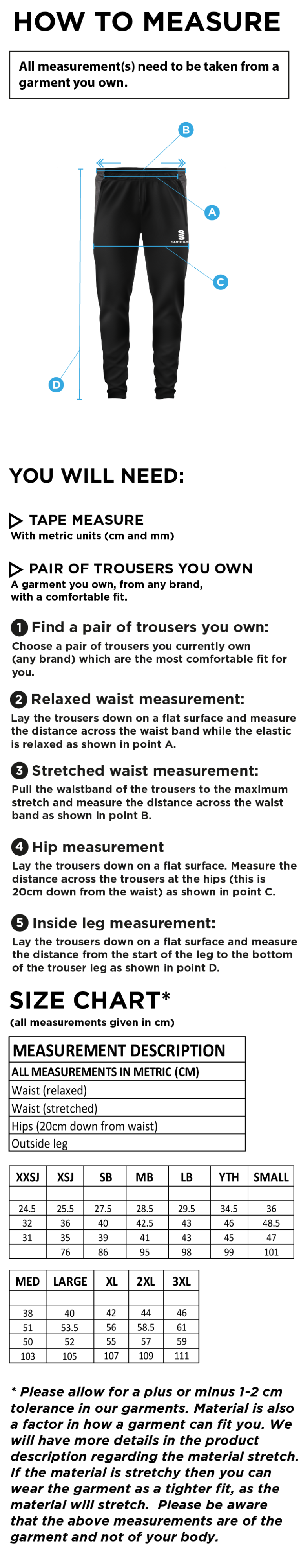 Milton CC - Slim Training Pants - Size Guide