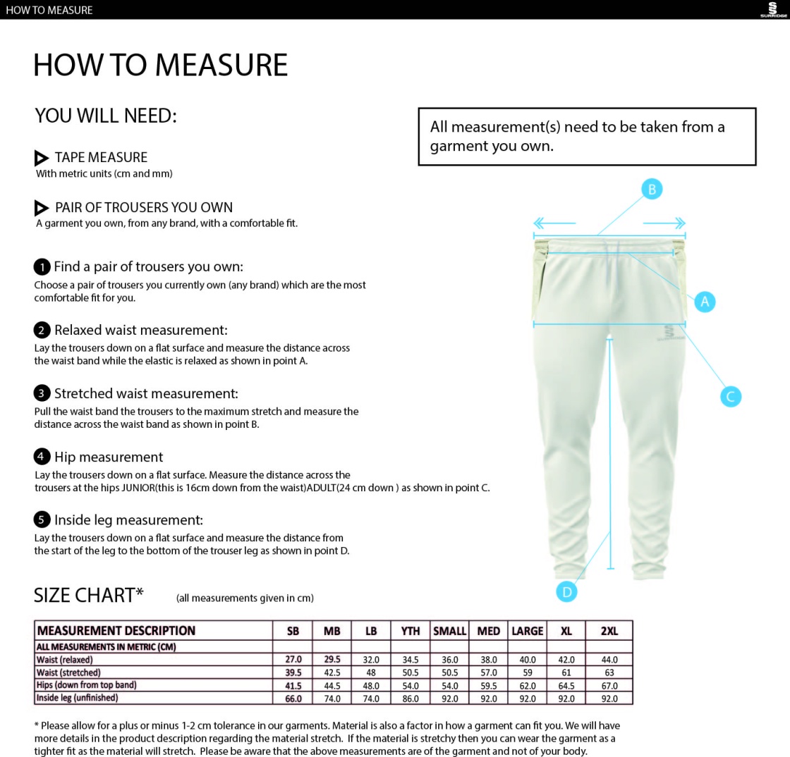Milton CC - Tapered Fit Cricket Trousers - Size Guide