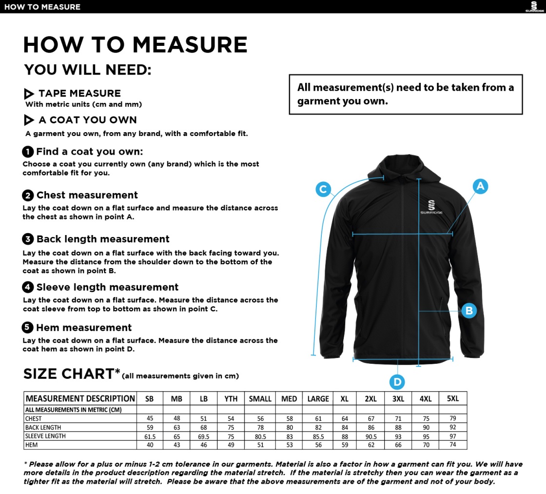 Milton CC - Lightweight Full Zip Training Jacket - Size Guide