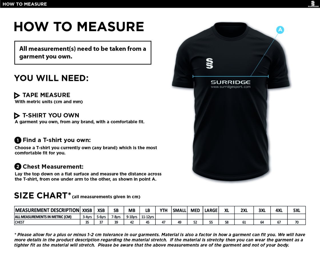 Milton CC - Dual Gym Shirt - Size Guide