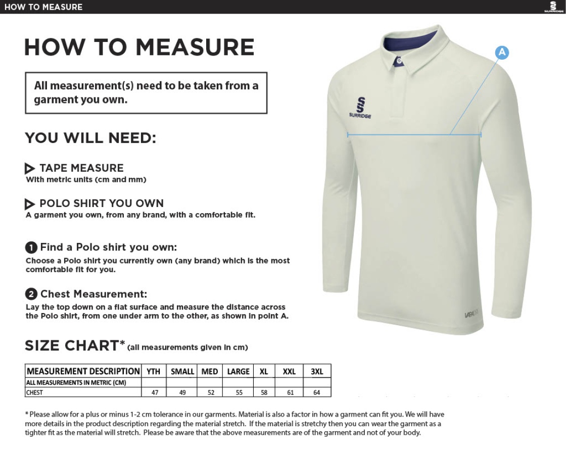 Milton CC - Ergo Long Sleeve Playing Shirt - Size Guide