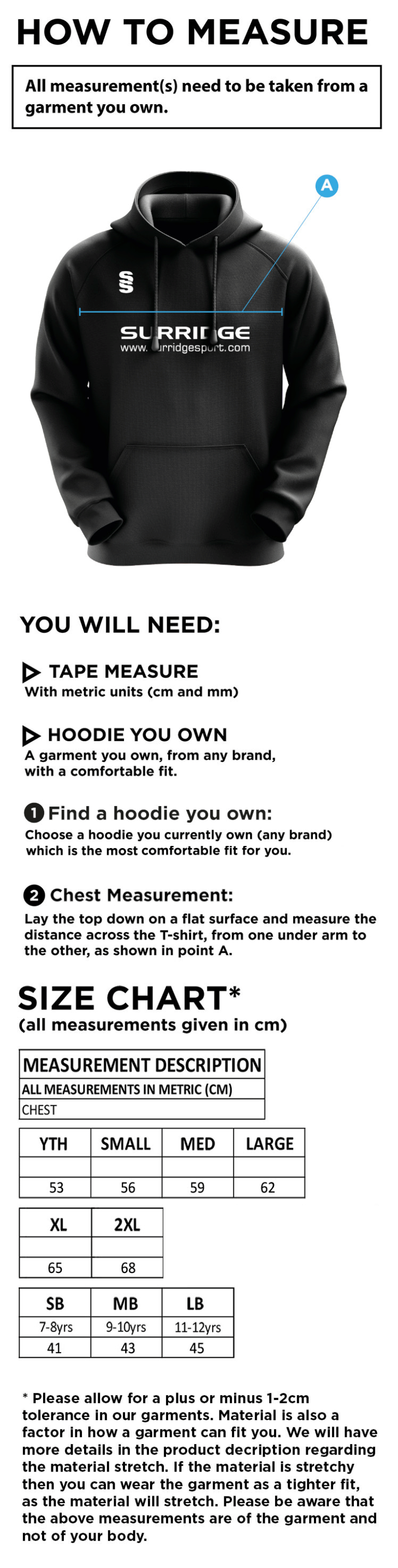 Milton CC - Blade Hoody - Size Guide