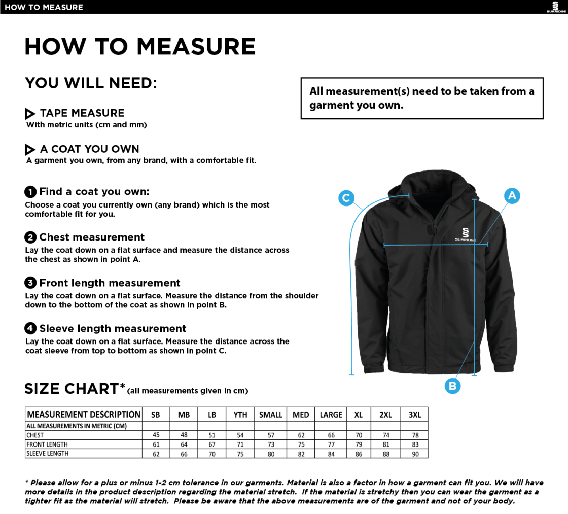 Milton CC - Fleeced Line Jacket - Size Guide