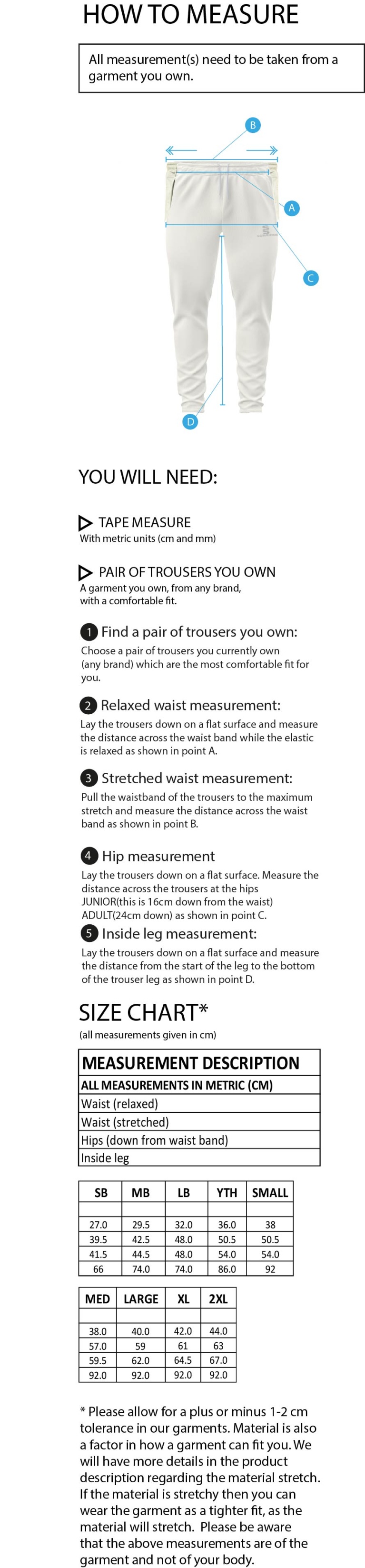 Milton CC - Tapered Fit Cricket Trousers - Size Guide