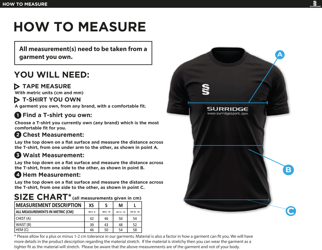 Milton CC - Women's Dual Games Training Shirt - Size Guide