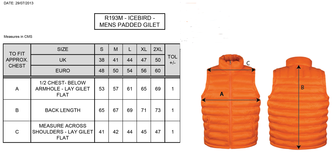 Milton CC - Padded Gilet - Size Guide