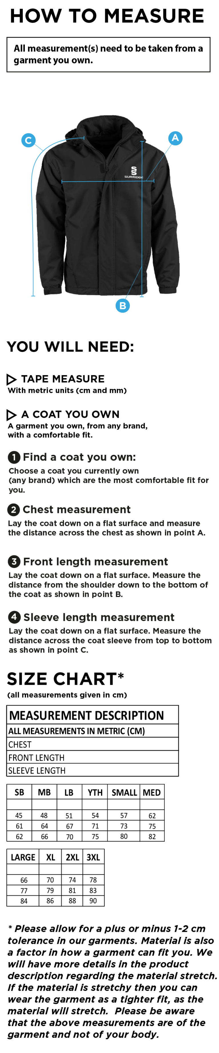 Milton CC - Fleeced Line Jacket - Size Guide